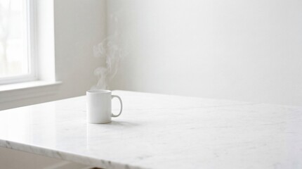 Simple white steaming mug rests upon a bright polished marble countertop surface