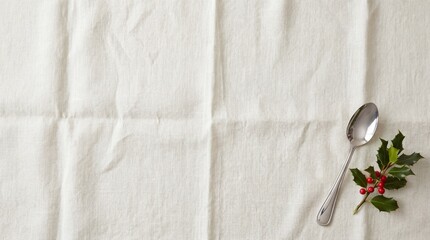 Simple silver spoon rests beside festive holly sprig on wrinkled off-white linen tablecloth surface