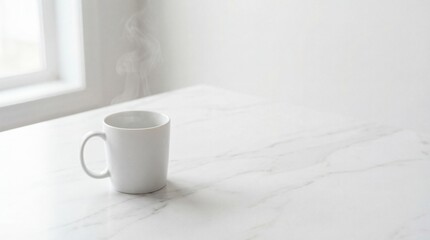Steaming white ceramic mug rests gently on a bright white marble countertop surface