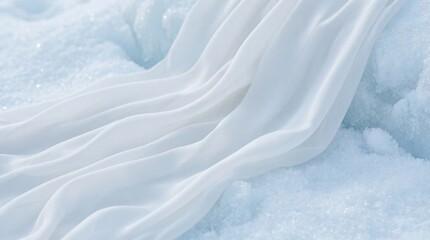 Ethereal white silk fabric gracefully draped across a pristine, sparkling texture of cool snow