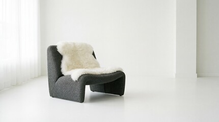 Modern dark gray lounge chair draped with luxurious white fluffy sheepskin throw rug sits ready.
