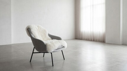 Modern grey armchair with fluffy white sheepskin throw sits beautifully in minimalist room setting
