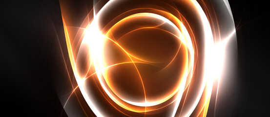 Abstract energy swirls, bright orange glows, white light radiates from center. Dark background emphasizes luminous forms.