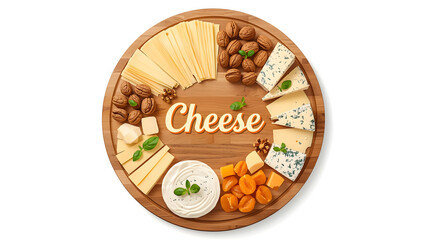 Top Down View of a Cheese Board with Cream Cheese Spread and Assorted Cheeses and Nuts circular wooden