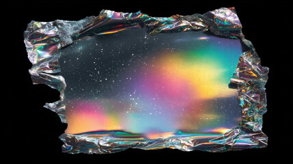 Pop art style collage background, a layer of iridescent holographic foil with a torn edge, ripped to reveal a deep space background with stars, futuristic and cosmic.