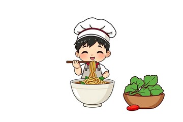 Cute Chibi Chef Boy Mascot Eating Delicious Ramen Noodles in a Large Bowl, Happy Little Cook Character Illustration Isolated on White Background for Restaurant and Food Branding