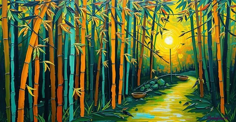 Vibrant Bamboo Forest at Sunset: Modern Abstract Oil Painting with Impasto Texture and Golden Sunlight Rays