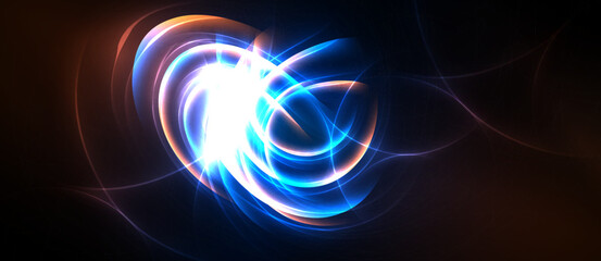 Naklejka premium Bright abstract swirls, luminous energy flows. Vivid colors blend, creating dynamic visual impact. Dark background emphasizes glowing forms.
