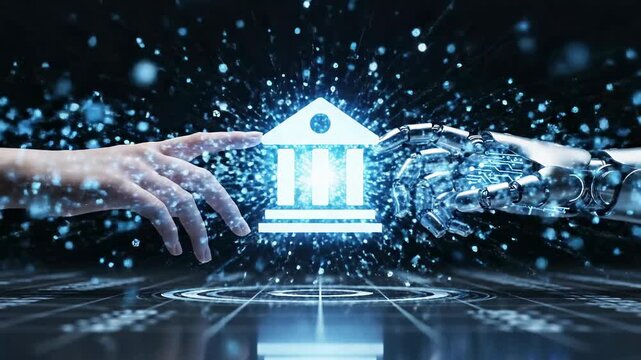 Human and Robot Hands Interacting with Digital Bank Icon in Financial Technology Concept.