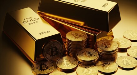 Physical gold bullion bars stacked with piles of golden cryptocurrency coins