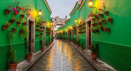 Fototapeta premium Rain-kissed green alleyway with glowing lanterns, hanging flower pots, and reflective cobblestones stretching toward distant rooftops, creating a fresh, romantic historic street full of color, texture