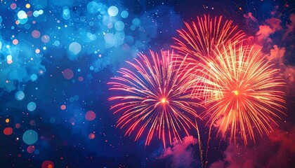 Red and Orange Fireworks Bursting Against Deep Blue Night Sky with Sparks and Festive Atmosphere