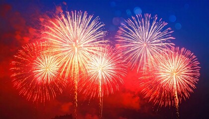 Red and Orange Fireworks Bursting Against Deep Blue Night Sky with Sparks and Festive Atmosphere