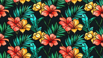 Vibrant tropical floral pattern with colorful hibiscus flowers
