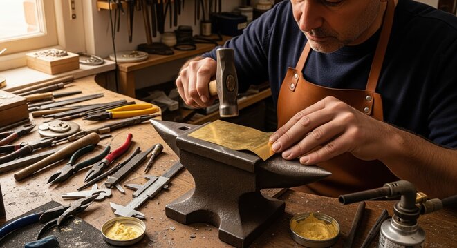 Craftsman shaping sheet metal using a hammer and anvil on a traditional workshop bench.