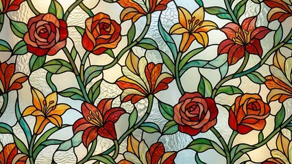 Vibrant stained glass window with roses and lilies in warm colors