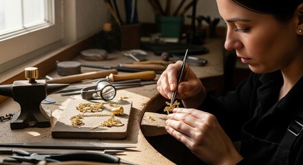Focused female jeweler working on intricate gold jewelry at a traditional workbench.