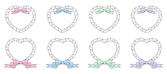 フリルとリボンのハートフレームのベクターイラストセット