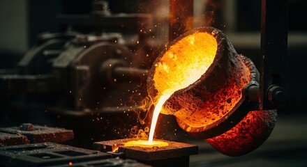 Molten metal pouring from a hot ladle into a casting mold in a dark foundry environment.