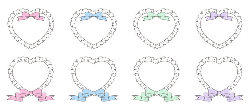 フリルとリボンのハートフレームのベクターイラストセット