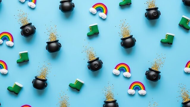 Saint Patricks Day Pattern of Rainbows, Boots, and Pots of Gold st patrick's day background