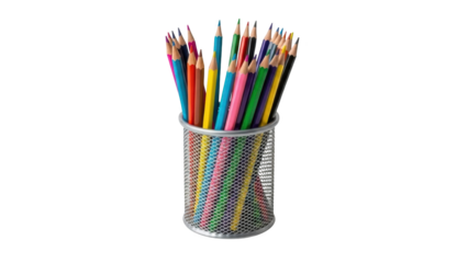 A cup of colored pencils on a white background.