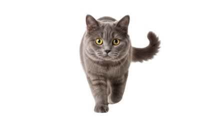 A fluffy grey cat with bright yellow eyes walking forward.