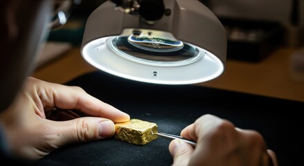 Professional jeweler or technician examining a piece of raw gold bullion under a magnifying lamp