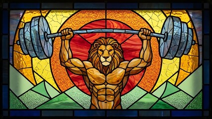 Muscular lion lifting weights in vibrant stained glass art piece