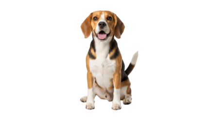 A happy beagle dog sitting and looking forward.
