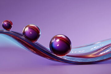 3d rendering of abstract liquid flow with spheres on a pink background. abstract fluid design. minimalistic concept.
