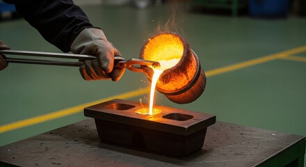 Worker pouring molten metal from a crucible into a casting mold in a heavy industry factory.