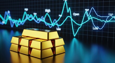 Stack of gold bars against a volatile digital financial stock market graph background.