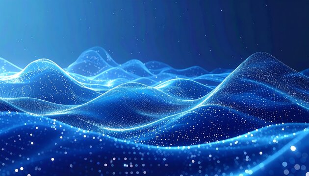 Abstract digital waves, glowing particles on a deep blue background