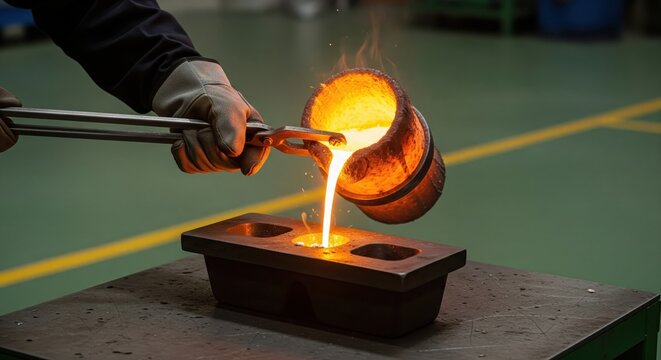 Worker pouring molten metal from a crucible into a casting mold in a heavy industry factory. - Powered by Adobe