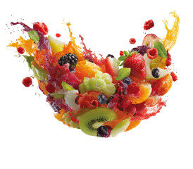 Bursting fruit salad; vibrant, colorful splash on black