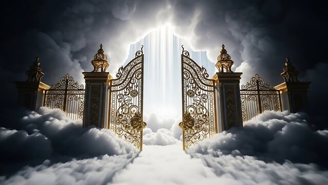 Magnificent golden gates open dramatically amidst swirling clouds toward brilliant heavenly light