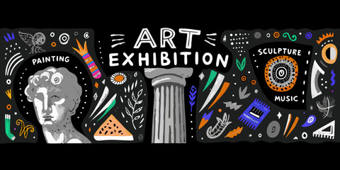 Colorful illustration promoting an art exhibition with various artistic elements