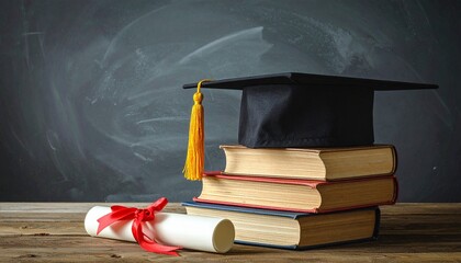 Graduation Cap with Red Tassel on Stack of Hardcover Books in Front of Chalkboard Background