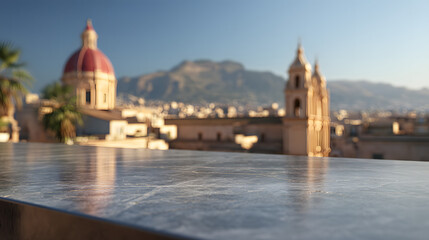 Fototapeta premium Scenic View of Historic Architecture with Mountains and Palm Trees in a Cinematic Setting
