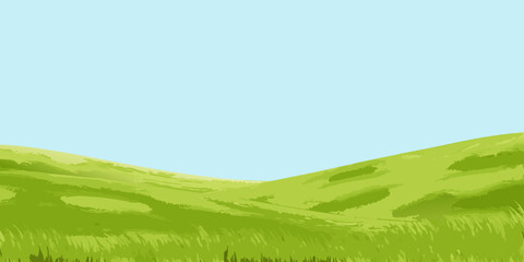 Simple illustration of a green landscape with rolling hills and a blue sky