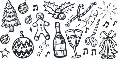 A delightful sketch of various christmas ornaments and festive holiday elements