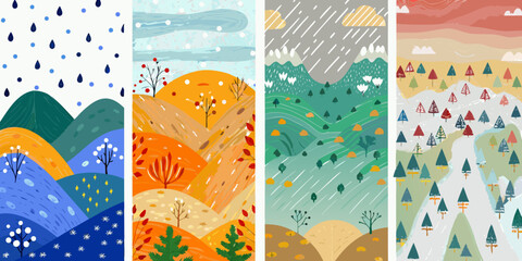 Four seasonal landscape patterns rain autumn winter and a vibrant spring scene