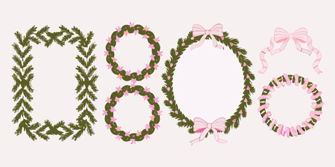 Festive holiday wreaths and bows in shades of green and pink illustration