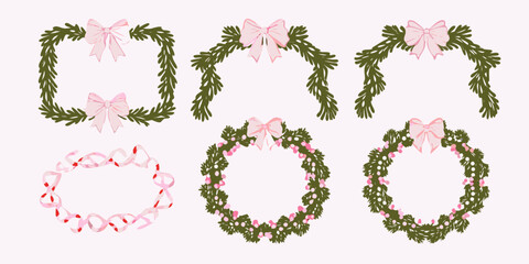 Festive collection of watercolor christmas wreaths and garlands with pink bows