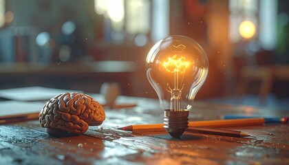 Glowing Light Bulb with Brain-Shaped Filament and Brain Models on Wooden Surface in Warmly Lit Room