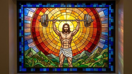 Vibrant stained glass artwork of Jesus lifting weights in sunny mountain landscape