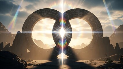 Massive ancient stone ring structure radiates intense light beam in desolate desert landscape