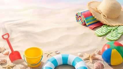Beach vacation essentials on sandy shore with colorful toys