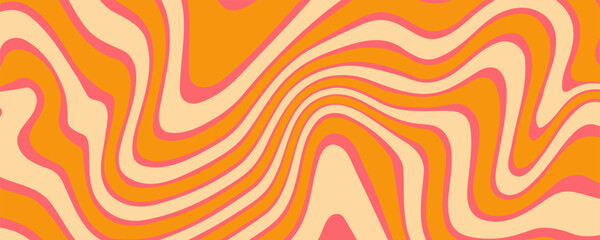 Wavy Swirl Seamless Pattern in Orange and Pink Colors. Hand-Drawn Vector Illustration. Seventies Style, Groovy Background, Wallpaper, Print. Flat Design, Hippie Aesthetic.